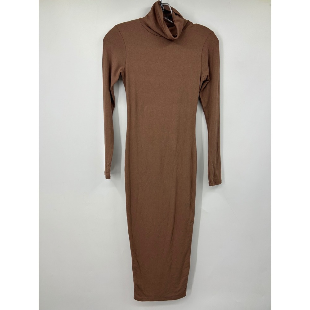 Naked Wardrobe Brown Turtleneck Long Sleeve Bodycon Midi Dress Small